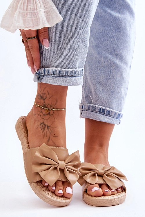 Modne Damskie Klapki Z Kokardą Beżowe Estera