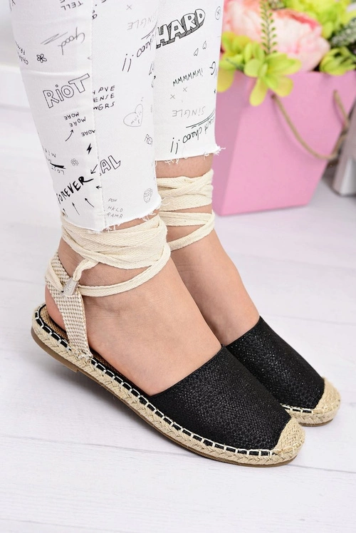 Damskie Lniane Balerinki Wiązane Czarne Espadryle Sea