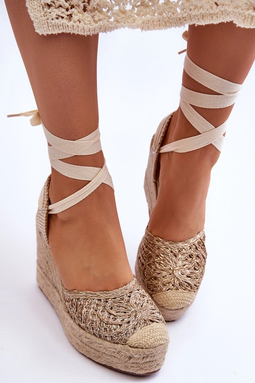Wiązane Damskie Sandały Na Koturnie Beżowe Josephine