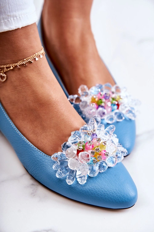 Skórzane Baleriny Z Elegancką Ozdobą Niebieskie Millany