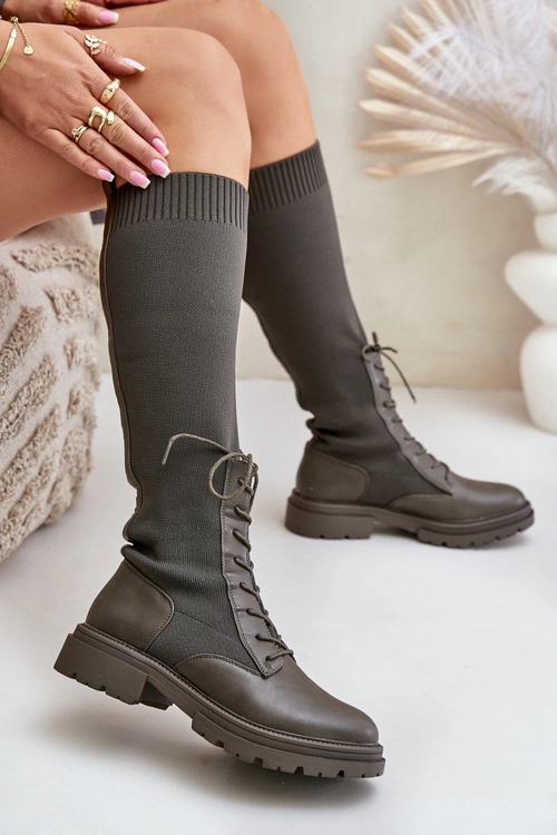 Wsuwane Kozaki Ze Skarpetkową Cholewką Ciemnozielone Iranel