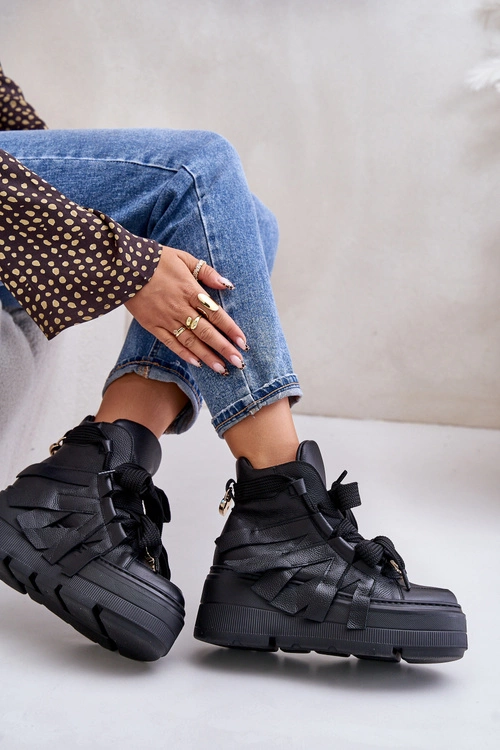 Skórzane Sneakersy Damskie Na Masywnej Platformie CheBello 4561 Czarne