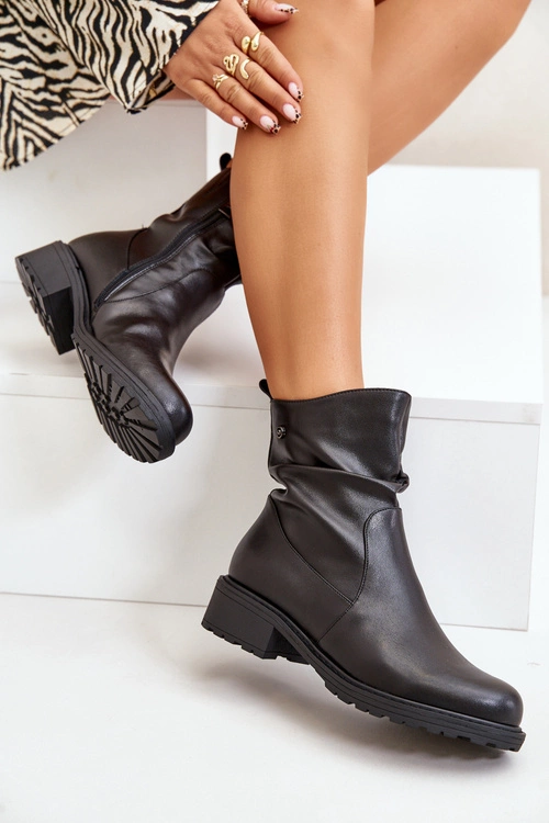 Skórzane Botki Damskie Ocieplane Z Marszczeniem Czarne Vinceza 66714