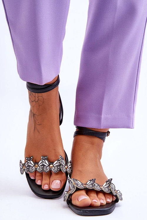 Damskie Sandały Z Ozdobnymi Motylami Czarne Jeane