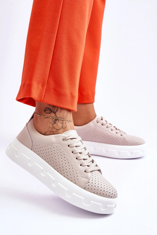 Skórzane Buty Sportowe Na Masywnej Platformie Beżowe Montigo