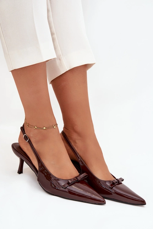 Lakierowane Czółenka Na Szpilce Z Kokardką Czekoladowe Olvena