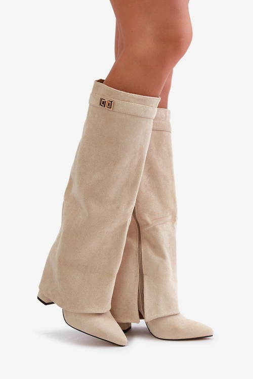 Kozaki Damskie Eko Zamszowe Z Wywiniętą Cholewką Na Słupku Beżowe Bralise