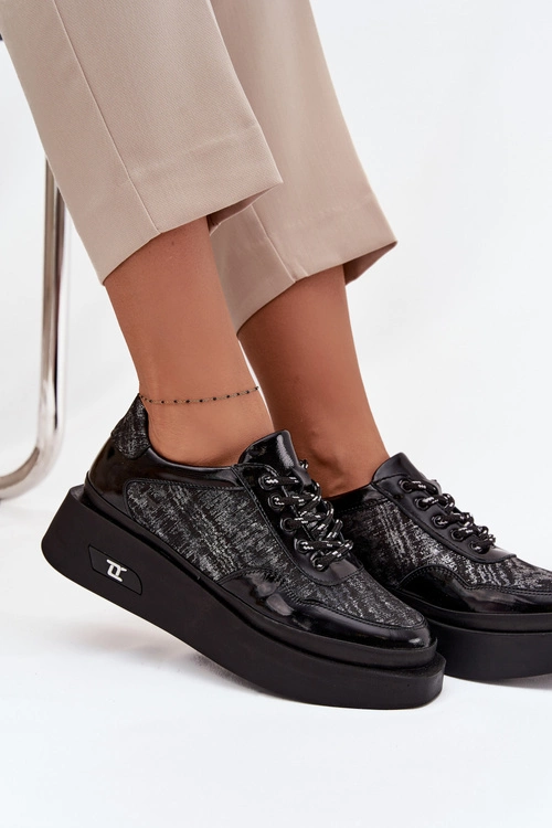 Skórzane Sznurowane Półbuty Damskie Na Platformie Artiker 57C2043 Czarno-Srebrne