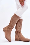 Damskie Zamszowe Ażurowe Kozaki Przed Kolano Beżowe Savannah