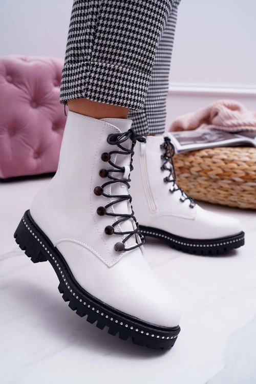 Botki Damskie Płaski Obcas Wysokie Glany Białe Buena