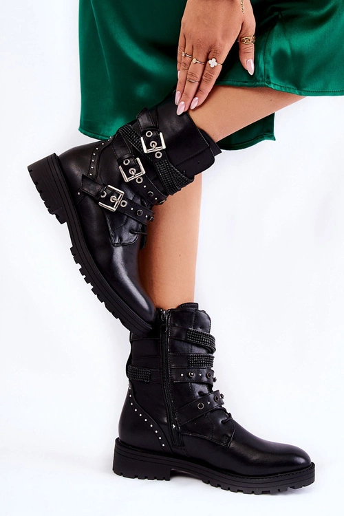 Damskie Ocieplane Botki Z Paskami Gładkie Czarne Lamberta