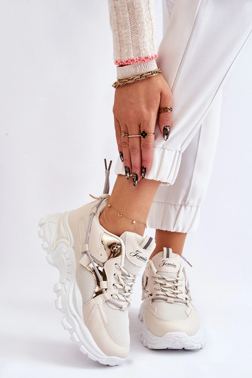 Damskie Buty Sportowe Sznurowane Na Platformie Beżowe Minea