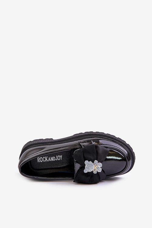 Lakierowane Mokasyny Dziewczęce Z Kokardą Eko Skórzane Czarne Avallesa