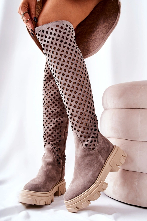 Zamszowe Ażurowe Kozaki Jasnobrązowe Kallede