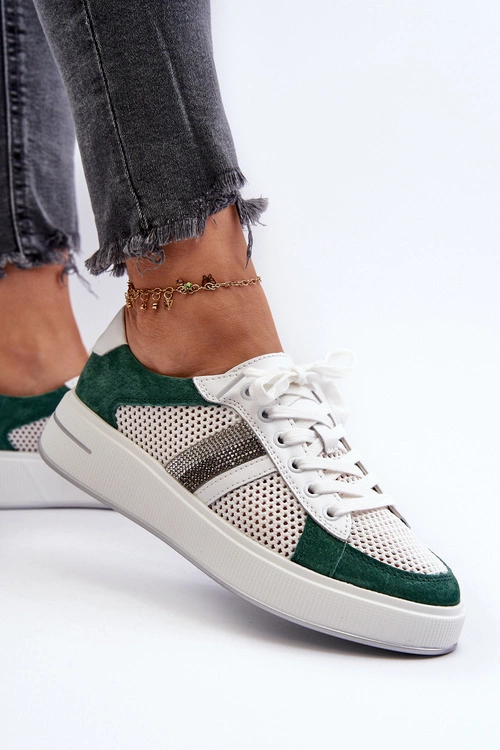 Sneakersy Skórzane Damskie D&A LR110 Zielono-Białe