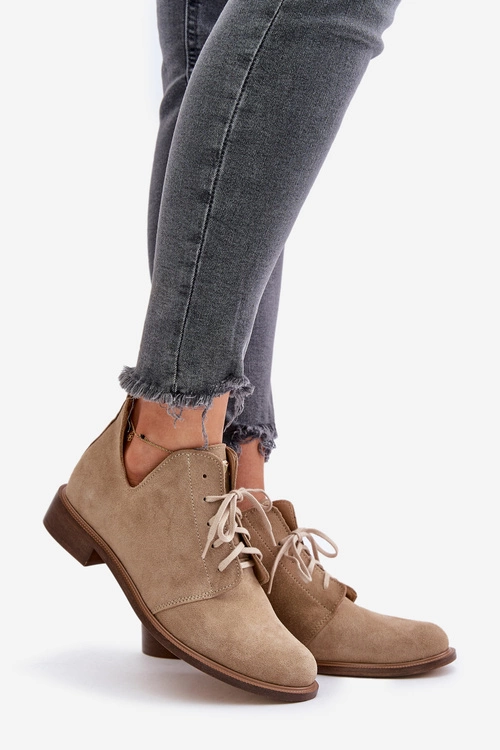 Zazoo 2959 Zamszowe Półbuty Oksfordki Sznurowane Na Płaskim Obcasie Beżowe