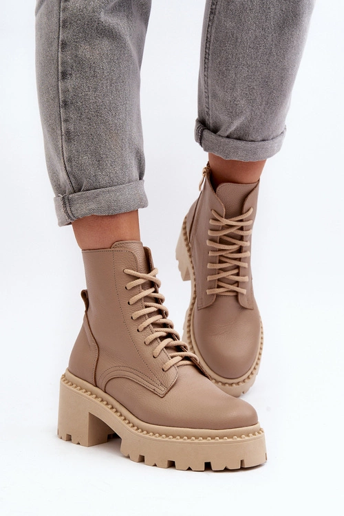 Zazoo 3413 Damskie Skórzane Botki Workery Na Masywnym Obcasie Beżowe