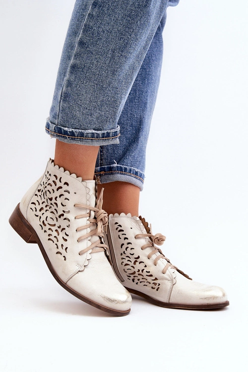 Zazoo 2871 Ażurowe Botki Damskie Sznurowane Złote Przecierane