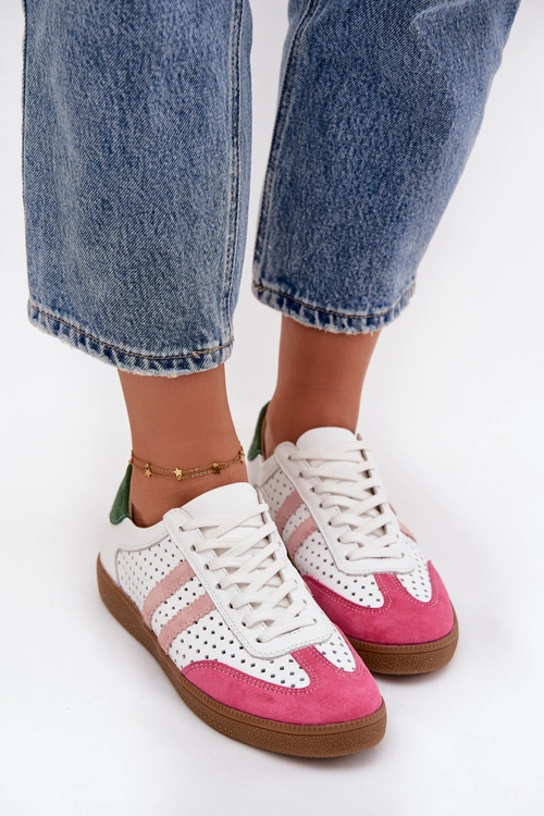 Skórzane Ażurowe Sneakersy Damskie Zazoo N1318 Biało-Różowe