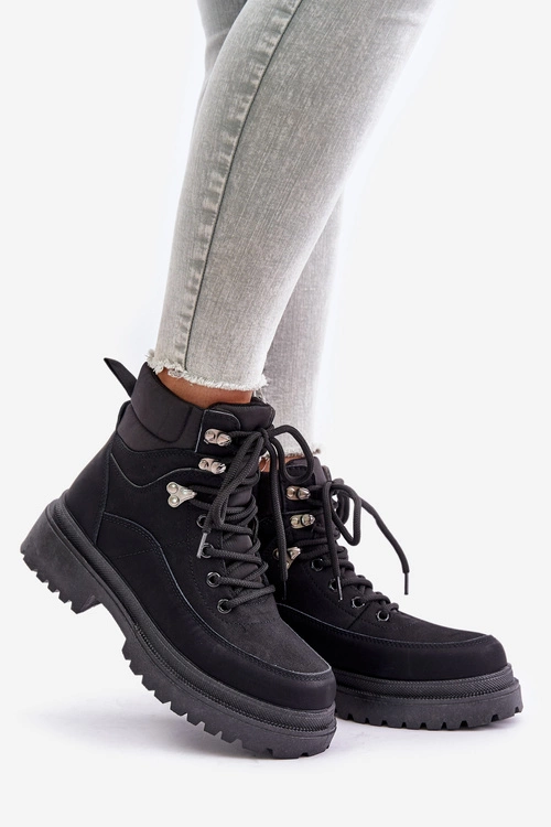 Botki Trapery Damskie Sznurowane Czarne Rabaria