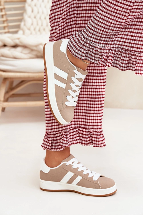 Buty Sportowe Sneakersy Damskie Z Eko Skóry Ciemnobeżowe Ravina