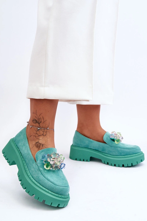 Damskie Mokasyny Z Ozdobnymi Kryształami Zielone Avril