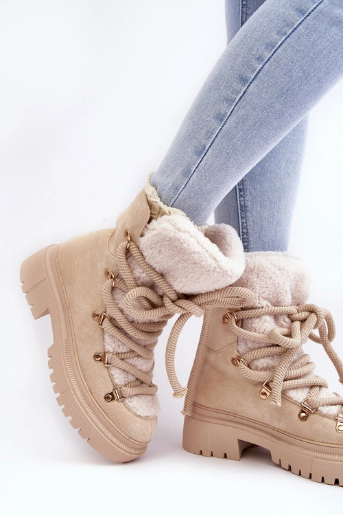 Trapery Śniegowce Damskie Z Wiązaniem Jasnobeżowe Shala