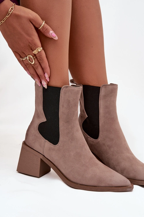 Skórzane Zamszowe Botki Damskie Na Słupku Ocieplane Artiker 57C0045 Beżowe