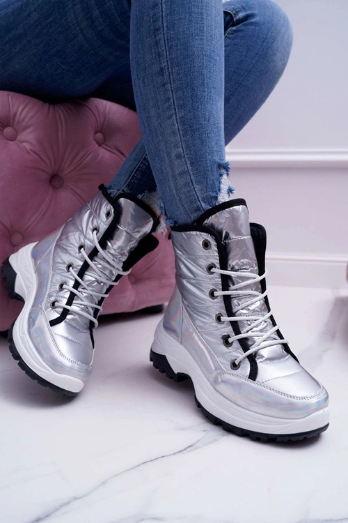 Damskie Botki Śniegowce Ocieplane Futerkiem Srebrne Muffin