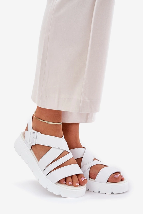 Skórzane Sandały Damskie Na Platformie Z Klamrą Białe Selianae
