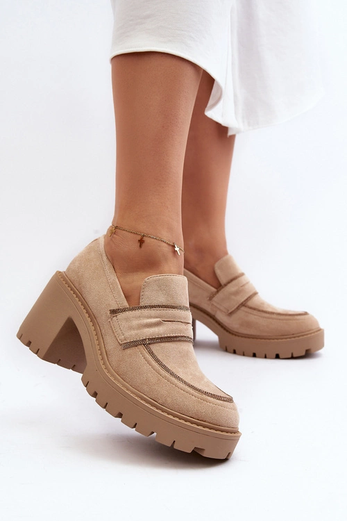 Damskie Półbuty Na Masywnym Obcasie Beżowe Feneli