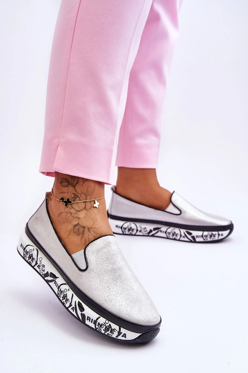 Damskie Skórzane Tenisówki Slip-On Srebrne Ottavia