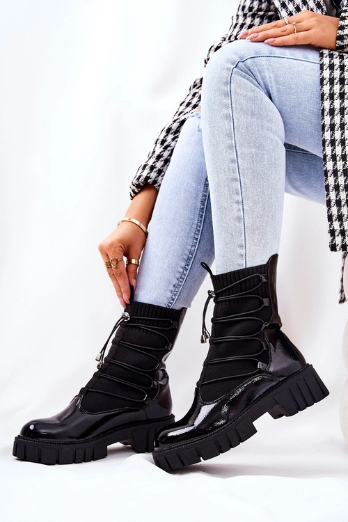 Lakierowane Botki Workery Ze Skarpetą Czarne Connor