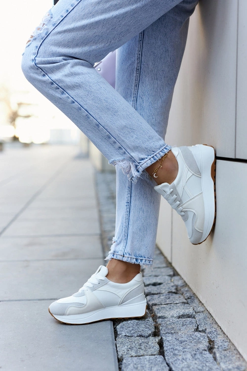 Skórzane Buty Sportowe Wiązane Biało-Szare Coryse