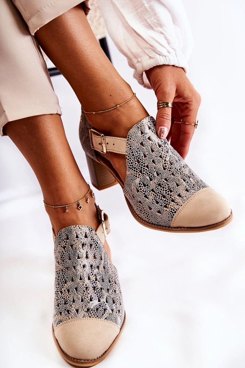 Damskie Skórzane Ażurowe Botki Maciejka 04962-04 Beżowe