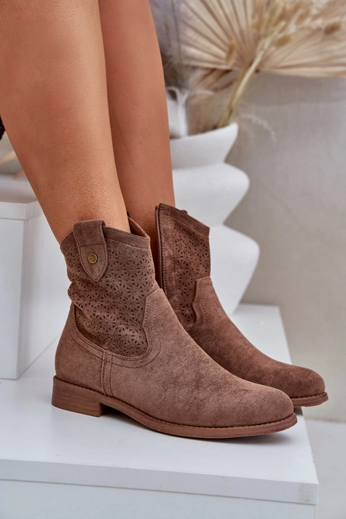 Ażurowe Botki Na Płaskim Obcasie S.Barski HY51-063 Brązowe