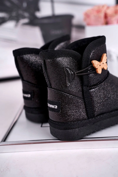Ocieplane dziecięce botki śniegowce z motylkiem czarne Cosmic