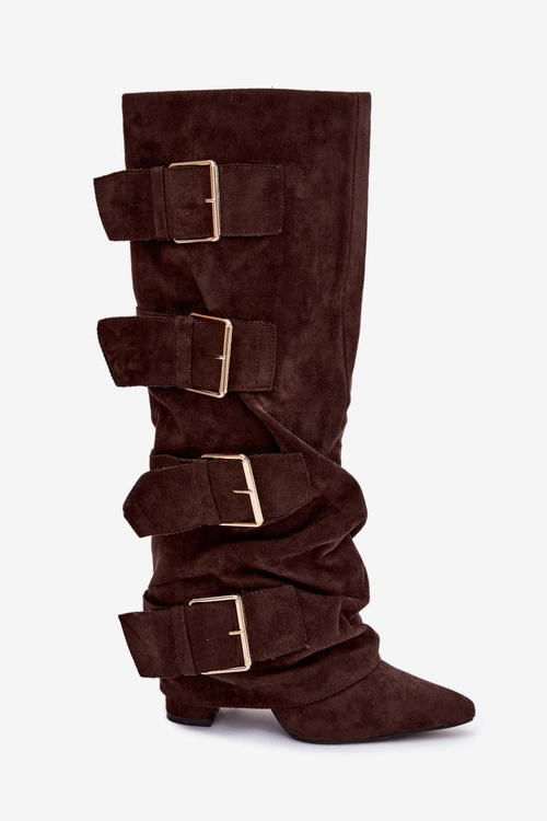 Kozaki Damskie Na Słupku Z Wywiniętą Cholewką I Złotymi Klamrami Eko Zamszowe Czekoladowe Isavelle