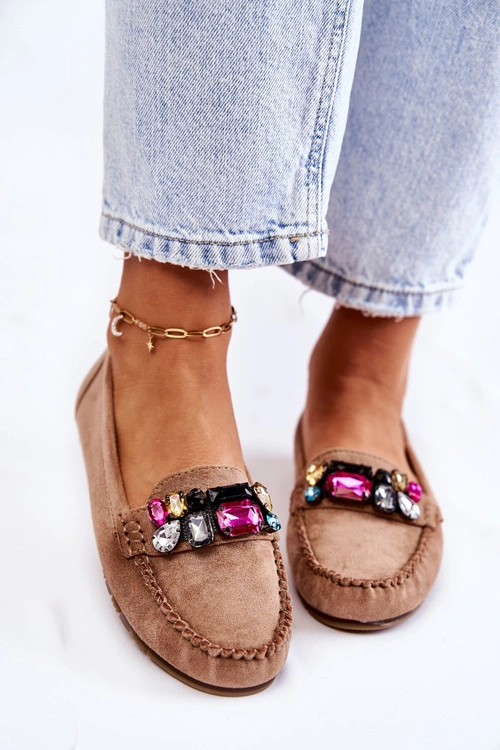 Damskie Zamszowe Mokasyny Z Ozdobami Beżowe Janetta