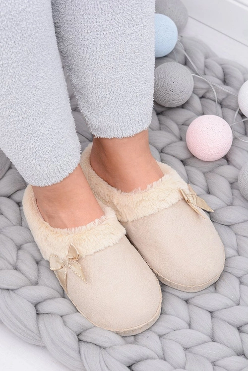 Klapki Damskie Z Futerkiem I Kokardką SOXO Beżowe