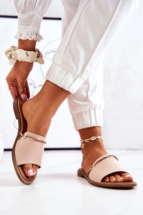 Skórzane Klapki Lewski Shoes 3047 Beżowe