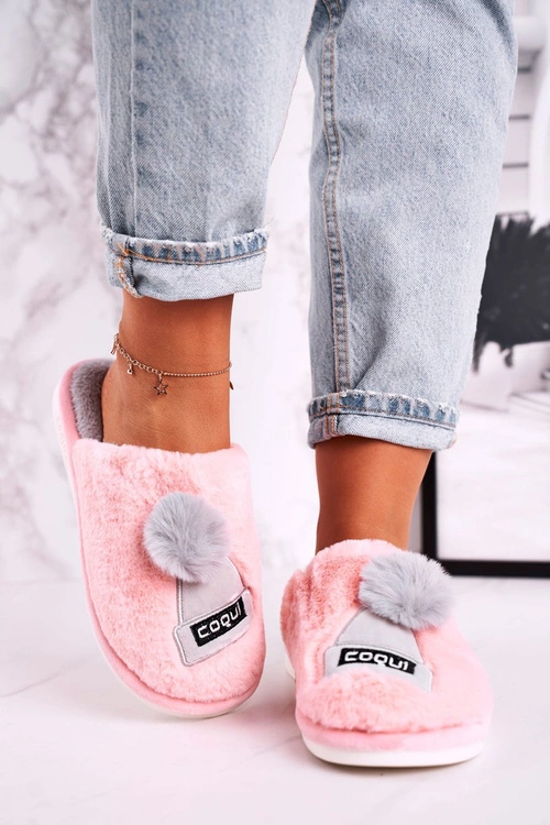 Damskie Futrzane Papcie Z Czapką I Pomponem Różowe Keep Warm