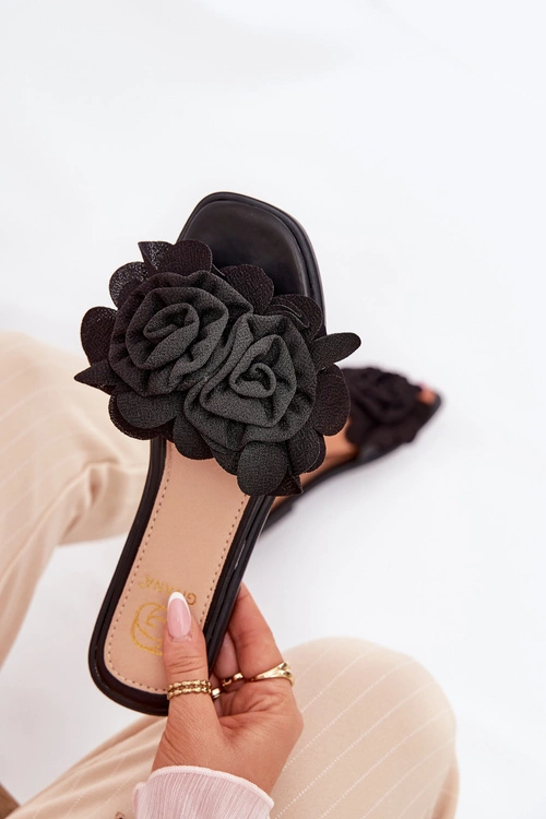 Klapki Damskie Na Płaskim Obcasie Z Ozdobnymi Kwiatami Czarne Misorsse