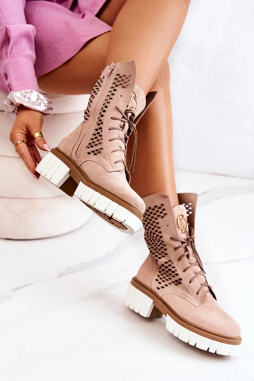 Skórzane Wysokie Botki Workery Nicole Różowe 2706