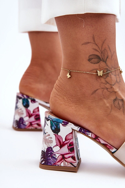 Damskie Skórzane Klapki Na Obcasie Lewski Shoes 3209/K Perłowe Beżowe