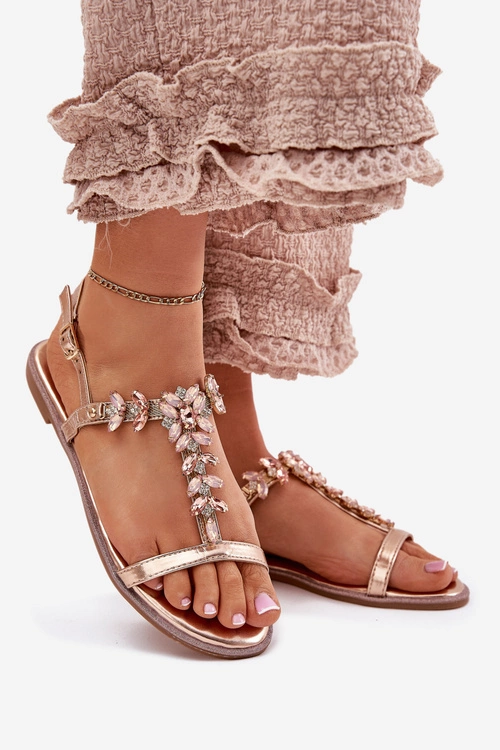 Sandały Damskie Płaskie Z Kryształkami Różowe Złoto Saane