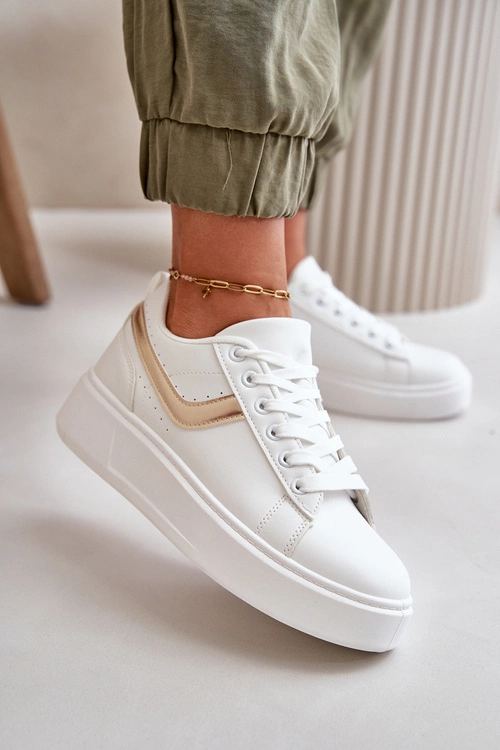 Trampki Sneakersy Damskie Na Platformie Z Eko Skóry Biało-Złote Brennessa