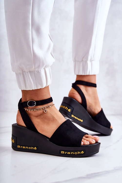 Damskie Zamszowe Sandały Na Koturnie Czarne Cortena