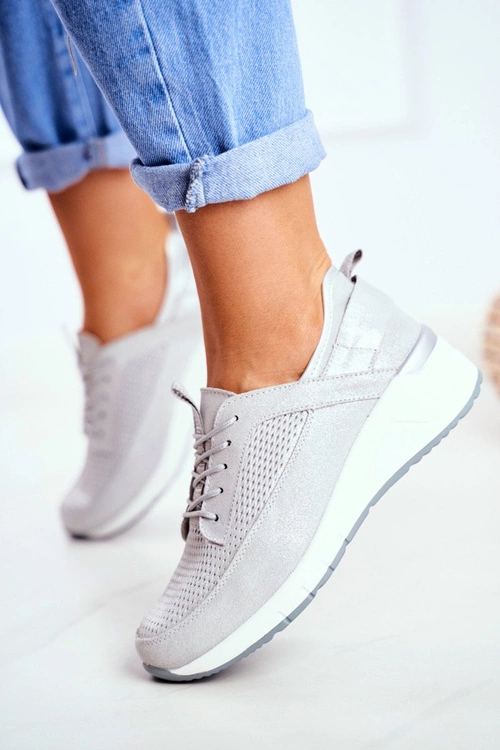 Obuwie Sportowe Damskie Skórzane Srebrne Love Me