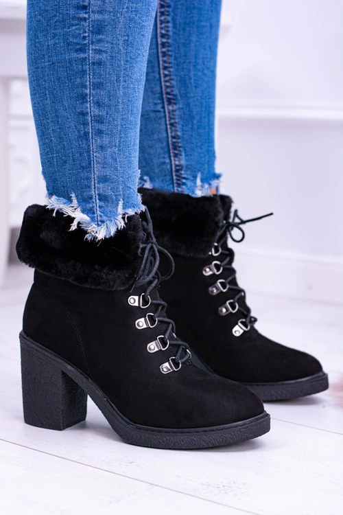 Czarne Damskie Botki Z Futerkiem Na Słupku Influence